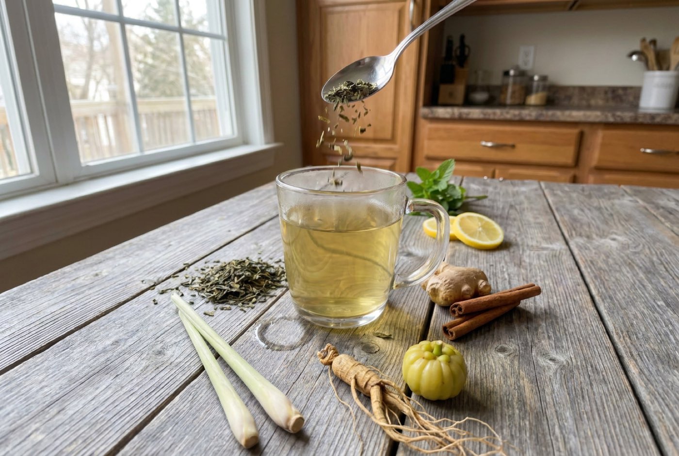 Overhead flat-lay on a rustic wood table: a steaming glass mug of golden-green tea in the center, surrounded by dried red hibiscus flowers, fresh ginger root, a small dish of green tea herb powder, citrus slices and a few green leaves on a linen cloth in soft natural light. Looks homemade and traditional.