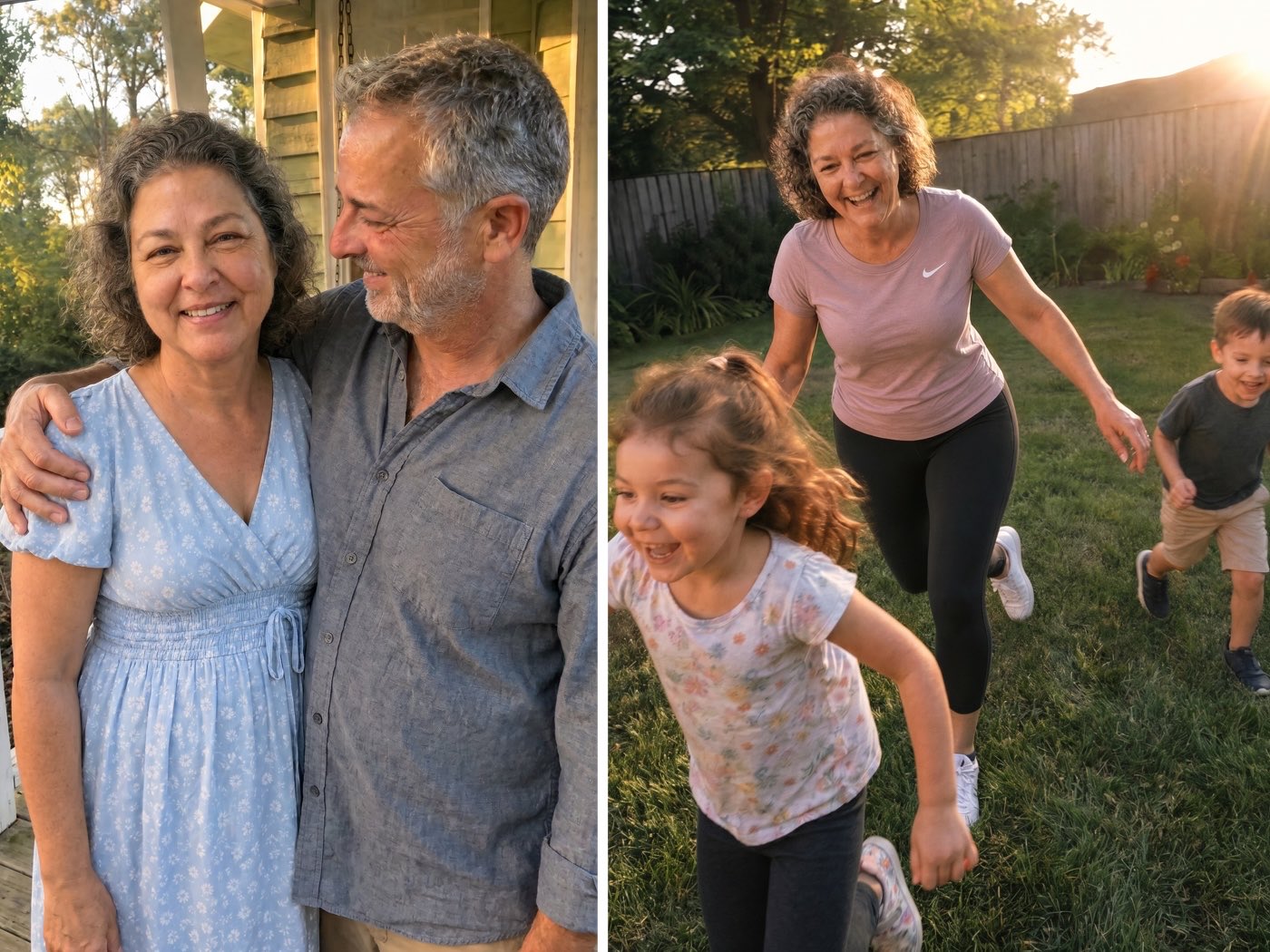 Left: a tender, candid moment between a married couple in their mid-to-late 50s — the slim, glowing wife mid-laugh, her gray-haired husband's arm around her, looking at her with emotion. Right: the same woman laughing outdoors in a sunny backyard, playing and chasing two young grandchildren on a green lawn in warm golden-hour light.